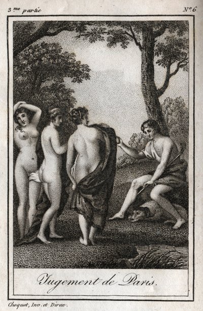 Paris-dommen Hyrden Paris må velge hvem han vil gi gulleplet for å designe den vakreste av de tre gudinnene, Athena, Afrodite eller Hera. Gravering fra 1819 i "Lettres a Emilie sur la mythologie" av Charles Albert Demoustier av Anonymous Anonymous