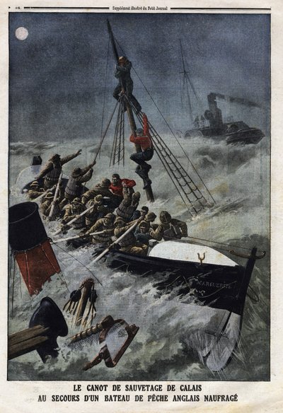 Redningsbåten til Calais for å redde en engelsk fiskebåt som synker. Gravering i "" Le Petite Journal"", 11.02.1912. Privat samling. av Anonymous Anonymous