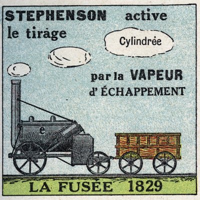 Lokomotivet: raketten oppfunnet av George Stephenson (1781-1848) i 1829. Anonym illustrasjon fra 1925. Privat samling. av Anonymous Anonymous