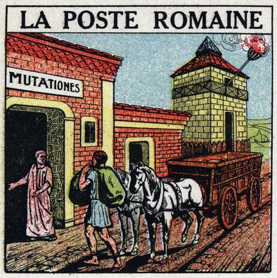 Posten: den romerske posten. En "mutationes", et sted hvor hester brukt til postkontoret kunne leies kalt "" curriculum publicus". Anonym illustrasjon fra 1925. Privat samling. av Anonymous Anonymous