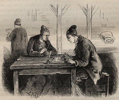 Den offentlige forfatteren ved Toulon Bagne på 1800-tallet. Gravering i «Fangernes historie fra deres skapelse til i dag» (1877) av Pierre Zaccone (1817-1895) (Colonia Penale - Straffekoloni). Privat samling. av Anonymous Anonymous
