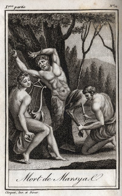 Straffen eller døden til Marsyas (The Punishment of Marsyas) blir straffet for å ha trosset Apollo til lyren og sperres av bueskytteren i nærvær av kong Midas og musene. Gravering fra 1819 i «Lettres a Emilie sur la mythologie» av Charles av Anonymous Anonymous