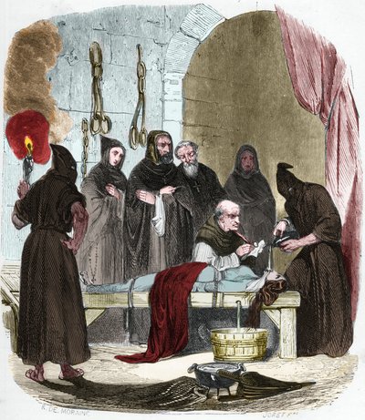 The question of water: Pedro (Pierre) de Arbues (1441/1442 - 1485) interrogates under torture a young woman who allegedly induced her sister to turn to Lutheranism. Tie by strings, water is poured into a cloth that is pushed into the bottom of the throat.  av Anonymous Anonymous