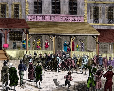 Salongen med voksfiken boulevard du temple i Paris på 1700-tallet grunnlagt av Curtius, gravering, privat samling av Anonymous Anonymous