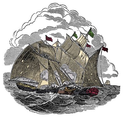 Skipet til piraten Henry Every (John Avery, Long Ben, Benjamin Bridgeman) (? -1695) angrep i september 1695 flåten til den store Mughal Aurangzeb Aurangzeb (Alamgir) utenfor Surate, India Gravering fra "The Pirates Own Book" av Charles Ellms av Anonymous Anonymous