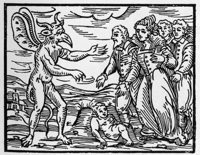 Trollmennene som presenterer et barn for djevelen - "" Compendium Maleficarum"", handler om hekser, deres ondskap og deres sortileges av Francesco Maria Guazzo eller Guaccio eller Guaccius (15?? -16??) Privatsamling fra 1608 av Anonymous Anonymous