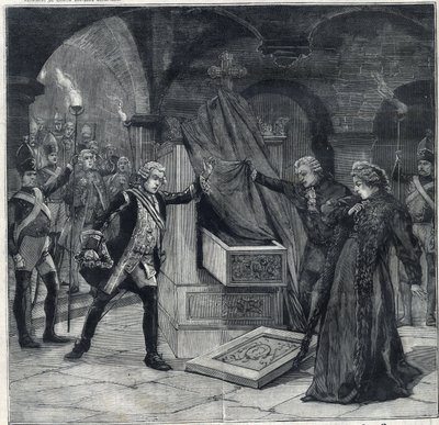 Scenen til kjellere i stykket "" Catherine of Russia"" på teatret til Cathelet Paul Ginisty (1855-1932) og Charles Samson (1894-1895). Gravering i "" Le Petro Parisien"" av Anonymous Anonymous