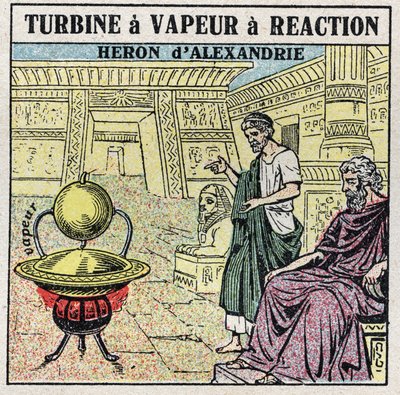 The steam machine: a reaction steam turbine. Eolipyle invented by the Greek Heron of Alexandria (or Heron The Elder) in the 1st century AD. Anonymous illustration from 1925. Private collection. av Anonymous Anonymous