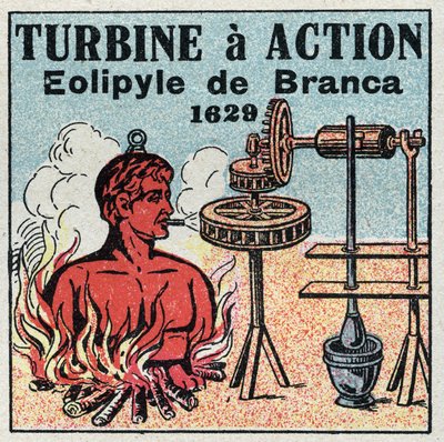 The steam machine: turbine has action. Eolipyle invented by Giovanni Branca (1571-1645) in 1629. Anonymous illustration from 1925. Private collection. av Anonymous Anonymous