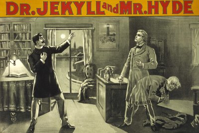 Forvandlingen. “” Doctor Jekyll and Mister Hyde””, Rory of Terror av Robert Louis Stevenson (1886). Amerikansk plakat fra slutten av 1800-tallet for en teaterforestilling. Privat samling Milano. av Anonymous Anonymous