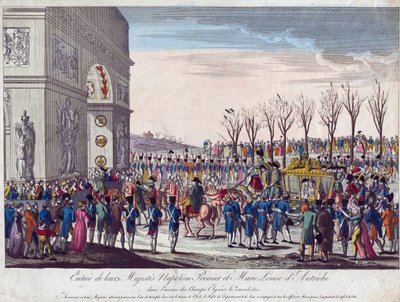 Bryllupsprosesjonen til Napoleon og Marie-Louise langs Champs Elysees 2. april 1810 - Anonym - 1810 - Etsning, akvarell - 35,3x45,7 - Privat samling av Anonymous Anonymous