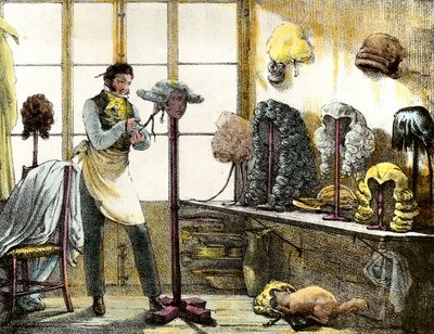 Parykken styler en parykk av en catogan, herrefrisør. Gravering fra speilshow, brev, medisiner osv. Kunsten”” 1821-1823 Privat samling av Anonymous Anonymous