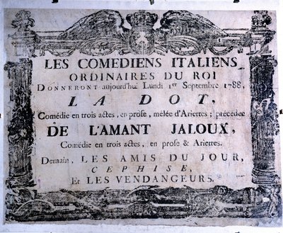 Teaterplakat som presenterer stykket "The dot" og "The jealous lover"" fremført av italienske komikere, 01.09.1788. Paris. Carnavalet museum av Anonymous Anonymous