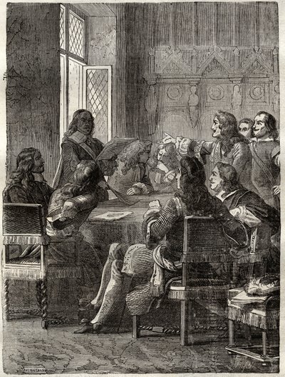 Treaty of Ryswick (The Treaty of Ryswick, 30th October 1697) (end of the War of the Augsburg League between Louis XIV and the Great Alliance). Engraving of the 19th century. Private collection. av Anonymous Anonymous