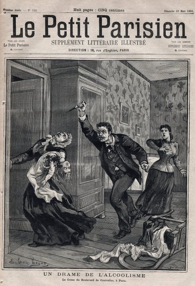 Ulike fakta: et drama om alkoholisme - Le crime du Boulevard de Courcelles i Paris - Gravering i "Le petit Parisien"" fra 1891 - Privat samling av Anonymous Anonymous