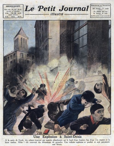 Ulike fakta: en eksplosjon provosert av granatdetonatorer i en forlatt musette som lekte med barn etter å ha forlatt en skole i Saint Denis. Illustrasjon hentet fra "" Le petit journal illustrious"" av 23/10/1921. Privat samling av Anonymous Anonymous
