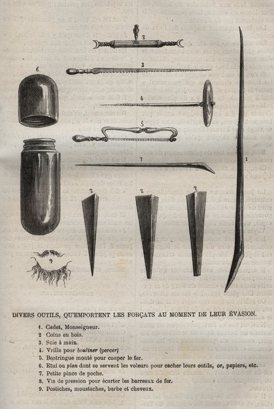 Ulike redskaper, som forkattene bærer når de rømmer. Gravering i "Fengselshistorien fra deres opprettelse til i dag"" (1877) av Pierre Zaccone (1817-1895) (Colonia Penale - straffekoloni) av Anonymous Anonymous
