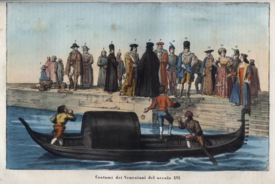 Venetianske kostymer fra det sekstende århundre - gravering fra "" skikker og tradisjoner til alle folkeslag i universet. Det vil si historien om regjeringen, lovene, militsen, om religionen til alle nasjoner fra de fjerneste tider til i dag "1856 av Anonymous Anonymous