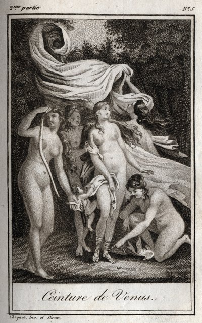 Venusbelte: Mens kampen fortsetter å være til fordel for trojanerne, bruker Junon Venus-beltet for å sjarmere Jupiter, og søvn for å få ham til å sove. Gravering fra 1819 i «Lettres a Emilie sur la mythologie» av Charles Albert Demoustier (1760-1801). Priv av Anonymous Anonymous