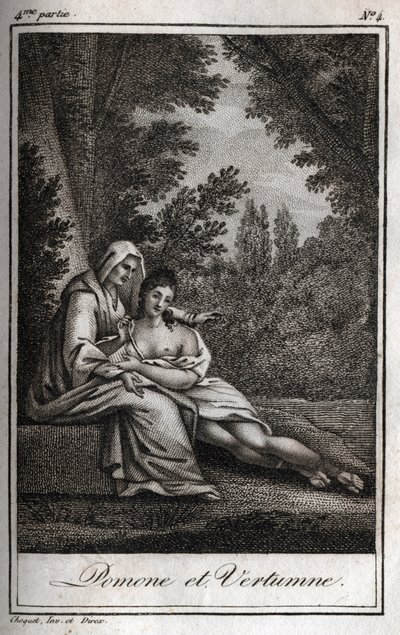 Vertumne og Pomone (Jupiter og Ceres): Vertumne, forelsket i nymfen Pomone, forkler seg som en gammel kvinne for å nærme seg henne. Gravering fra 1819 i «Lettres a Emilie sur la mythologie» av Charles Albert Demoustier (1760-1801). Privat samling. av Anonymous Anonymous