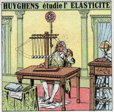 Vibrasjonsbevegelser: Christiaan Huygens (1629-1695) studerer elastisiteten til materialet ved å observere elfenbensperler. Anonym illustrasjon fra 1925. Privat samling. av Anonymous Anonymous