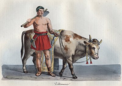 Ofre - victimarius (handler av dyr bestemt til ofring) (Den som fanget offeret og slo ofrene) gravering fra "" Bruk og skikker til alle mennesker i universet. Det er historien til regjeringen, lovene, militsen, d av Anonymous Anonymous