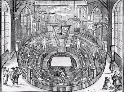 Utsikt over et anatomisk teater sannsynligvis ved Leiden University på begynnelsen av 1600-tallet (gravering) av Anonymous Anonymous
