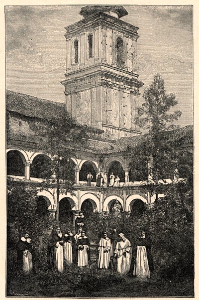 Utsikt over det dominikanske klosteret i Quito, Ecuador. Gravering i "The Catholic Missions in the XIXth Century" av Louis-Eugene (Louis Eugene) Louvet. privat samling. av Anonymous Anonymous
