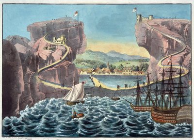 Utsikt over øya St. Helena fra siden av landingsplassen nær Fort James - Anonym - 1815 - Akvatint - 46,7x54,5 - Privat samling av Anonymous Anonymous