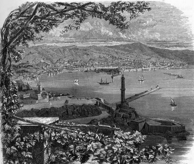 Utsikt over byen Genes (Genova), Italia. gravering av 1859 i "" galleriene i Europa - Italia"" av armengaud. Privat samling. av Anonymous Anonymous