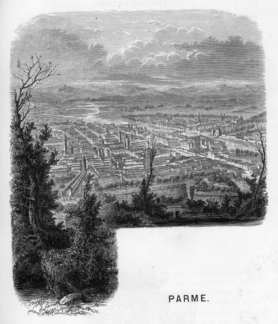 Utsikt over byen Parma (Parma), Italia. Gravering av 1859 i "" les galeries de l