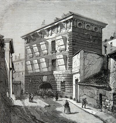 Utsikt over det tidligere fengselet til La Force, rue du roi de Sicilia i Paris på 1800-tallet, Gravering, Privat samling av Anonymous Anonymous