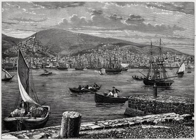 Utsikt over øya Syra i Hellas. Gravering i "The Catholic Missions in the XIXth Century" av Louis-Eugene (Louis Eugene) Louvet. privat samling. av Anonymous Anonymous