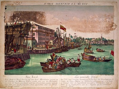 Utsikt over havnen i byen New York (New York) i USA, til venstre et verft. Munningen av Hudson River og Manhattan Island. Gravering fra 1700-tallet. Privat samling av Anonymous Anonymous