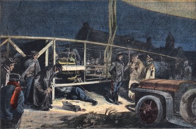 Ville de paris luftskip havari i Valmy. Gravering fra avisen "" Le Peute Parisien"", 2/02/1908. Privat samling. av Anonymous Anonymous