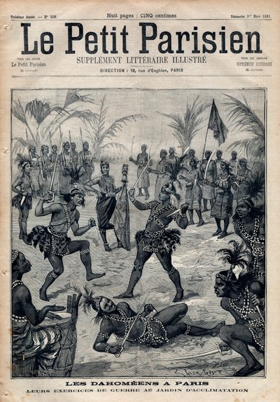 Krigsøvelser: Amazoner, krigere og feticheurs dahomeens (nå Benin) fra akklimatiseringshagen i Paris (Human Zoo). Gravering i “” Le petit Parisien”” fra 1891. Privat samling. av Anonymous Anonymous
