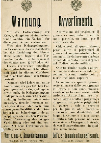 Advarsel etter rømningen av italienske krigsfanger den 16. februar 1916 og ba den østerrikske befolkningen om ikke å hjelpe dem (gravering av Anonymous Anonymous