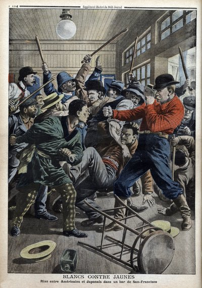 White vs. Yellow: American and Japanese rixing in a bar in San Francisco (troubles due to the expulsion of Japanese children from American schools), illustration from “” Le Petity Journal”” of June 9 av Anonymous Anonymous