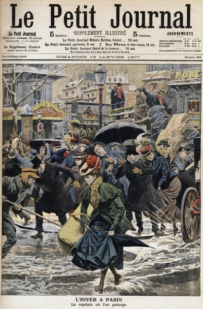 Winter in Paris: the pegs are wading in the melted snow and the diligences of passers-by. Engraving on the front page of the Petity Journal av Anonymous Anonymous