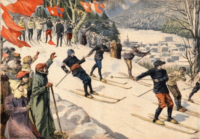 Vintersport: Skikonkurranse i Chamonix i Haute Savoie i Alpene, Frankrike. Sveitsiske og franske flagg oppmuntrer skiløpere. Gravering fra avisen "" Le Petite Parisien"" av Anonymous Anonymous