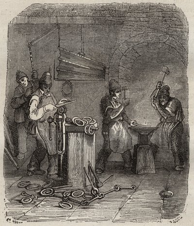 Arbeiderstyrker ved Rochefort Bagne på 1800-tallet. Gravering i «Fangernes historie fra deres skapelse til i dag» (1877) av Pierre Zaccone (1817-1895) (Colonia Penale - Straffekoloni). Privat samling. av Anonymous Anonymous
