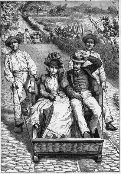 carros de cesto in Madeira 1893 - Les corinhos (carrieros) a Madere (Madeira) - hommes guiding a seat in two places on roulette (un corinho). engraving in “” Journal des voyages””” 1893 av Anonymous Anonymous
