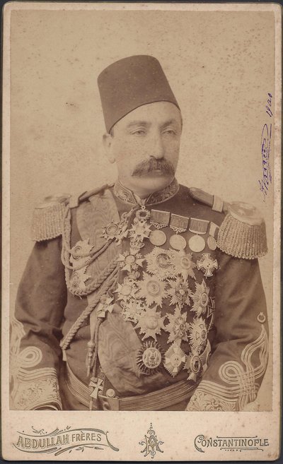 portrett av sultan Abdulhamid II (Abd ul Hamid, Abd-ul-Hamid, Abdulhemit, Abdul Hamid, Abdul-Hamid, Abd al Hamid, Abd al-Hamid) (1842-1918) - Sultan Abduelhamid II (1842-1918), keiser av osmanerne, kalif av de troende, anonym. Fotografering av Anonymous Anonymous