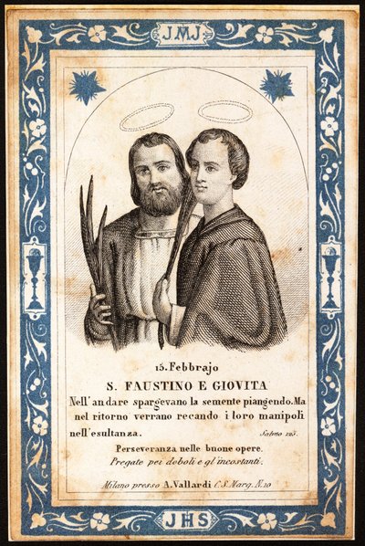 martyrene Saint Faustin og Saint Jovite Fromme bilde. Postkort. Begynnelsen av det 20. århundre. Privat samling av Anonymous Anonymous