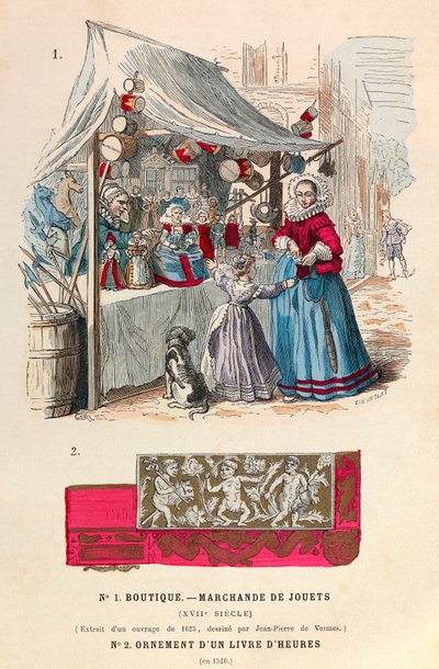topp En leketøysbutikk fra 1600-tallet/nederst et ornament fra en timebok fra 1500-tallet - Lekebod av Anonymous Anonymous