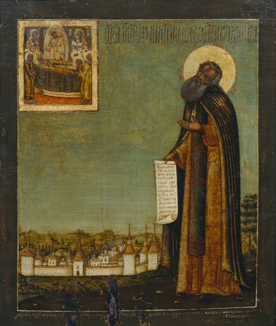 Saint Cyril of White Lake med utsikt over Kirillo-Belozersky-klosteret, 1700-tallet av Anonymous Russian icon painter