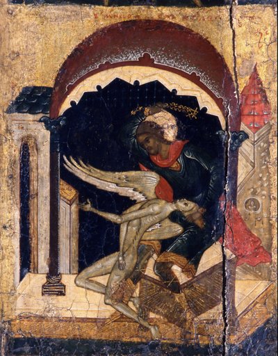 Saint Nicetas Vanquishing Satan Detail, 1500-tallet av Anonymous Russian icon painter