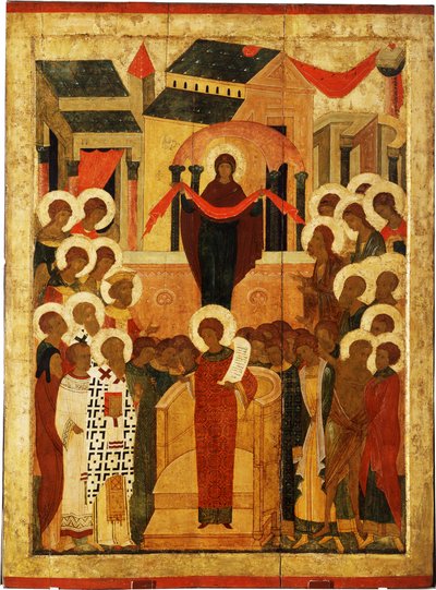 Beskyttelsen av Guds mor Pokrov, andre halvdel av 1400-tallet. av Anonymous Russian icon painter