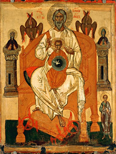 Treenighet med de hellige, tidlig på 1400-tallet. av Anonymous Russian icon painter