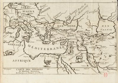 Kart over Taverniers reiser i Europa, Persia, Tyrkia, 1600-tallet. av Anonymous master.